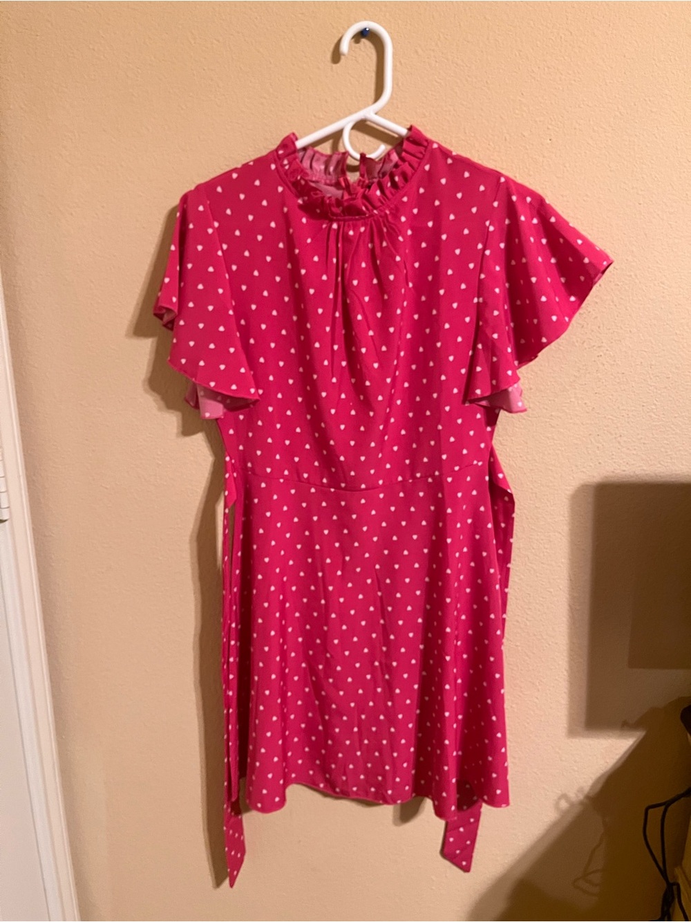 Women’s Pink Heart Print Ruffle Neck Dress